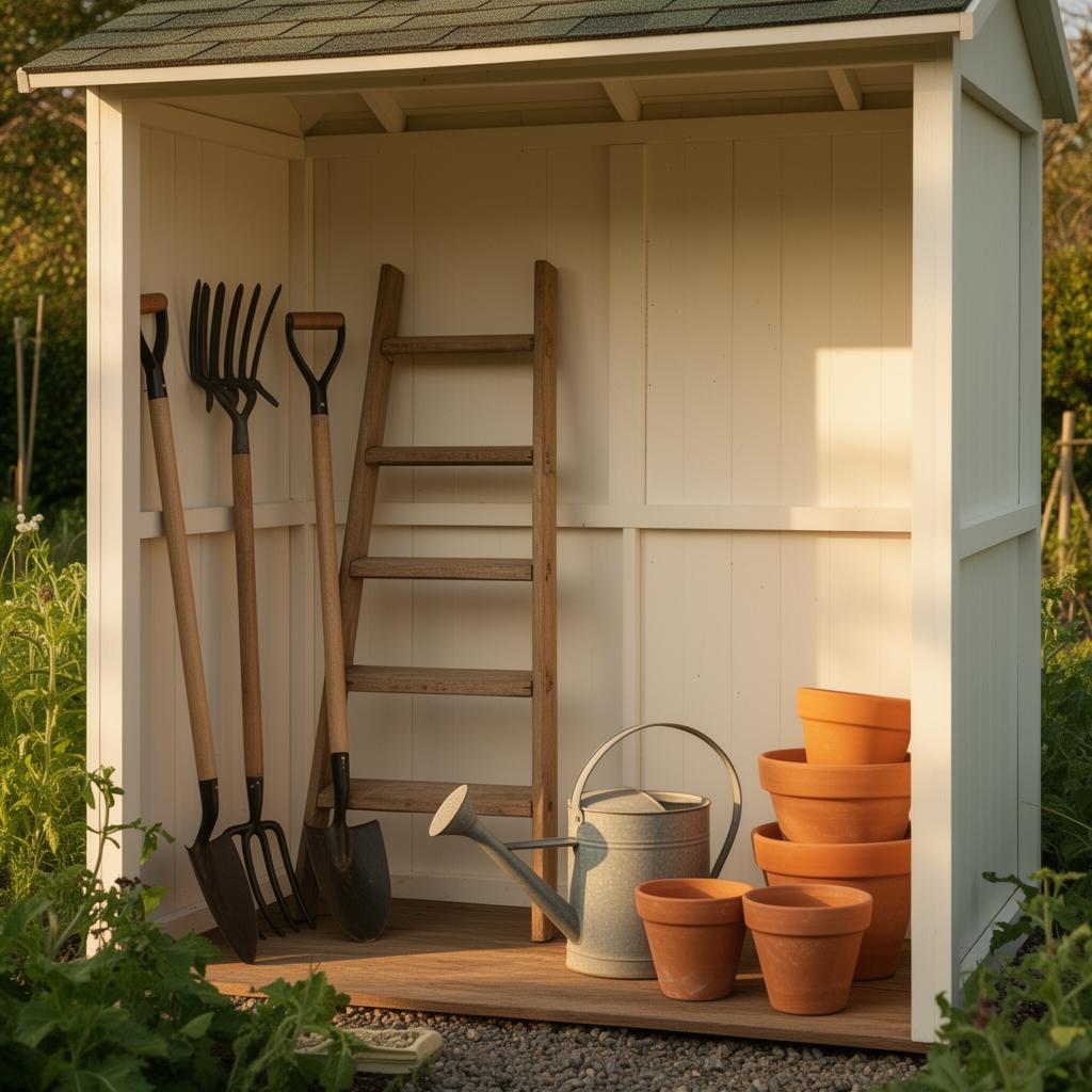 A neighbourly garden shed with neatly arranged tools, terracotta pots and a wooden ladder